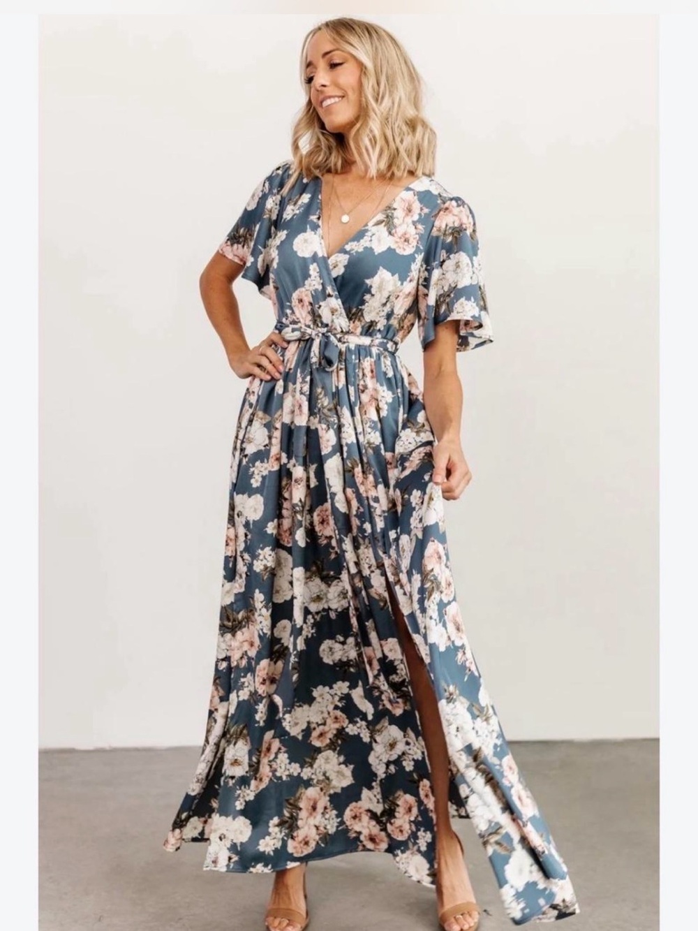 Baltic Born Teal Floral Wrap Maxi Dress with Pink and Cream Blooms